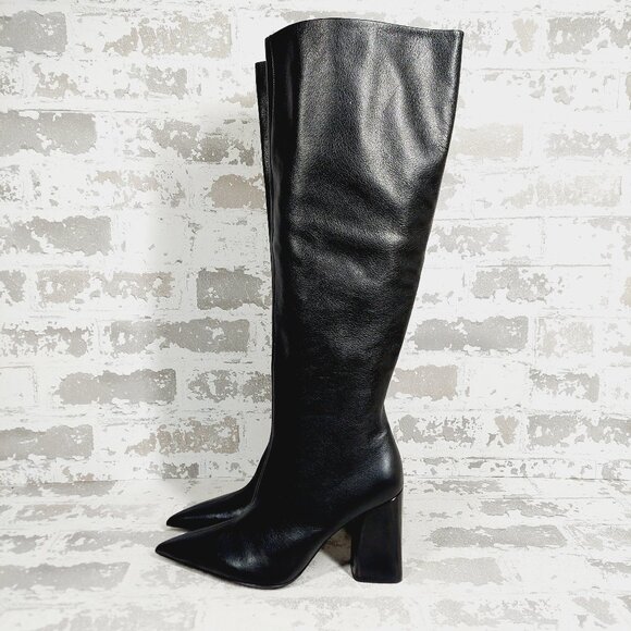 NEW rag & bone Viva Black Leather Block Heel Pointy Toe Tall Boots i106